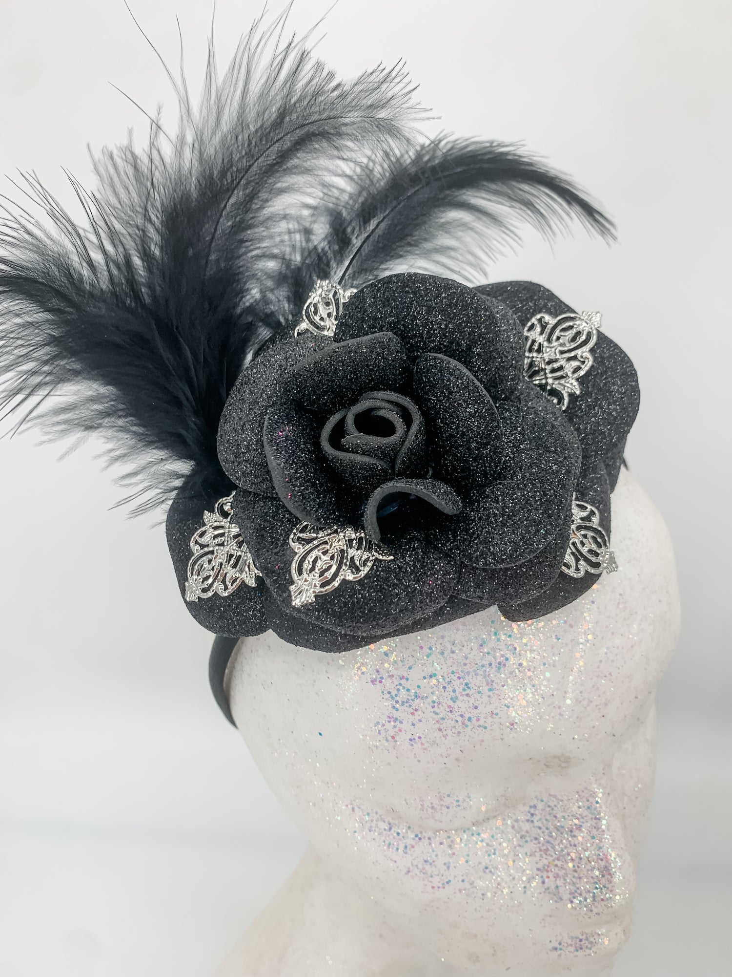 Foam Flower Fascinator- Black Noir feather Rose