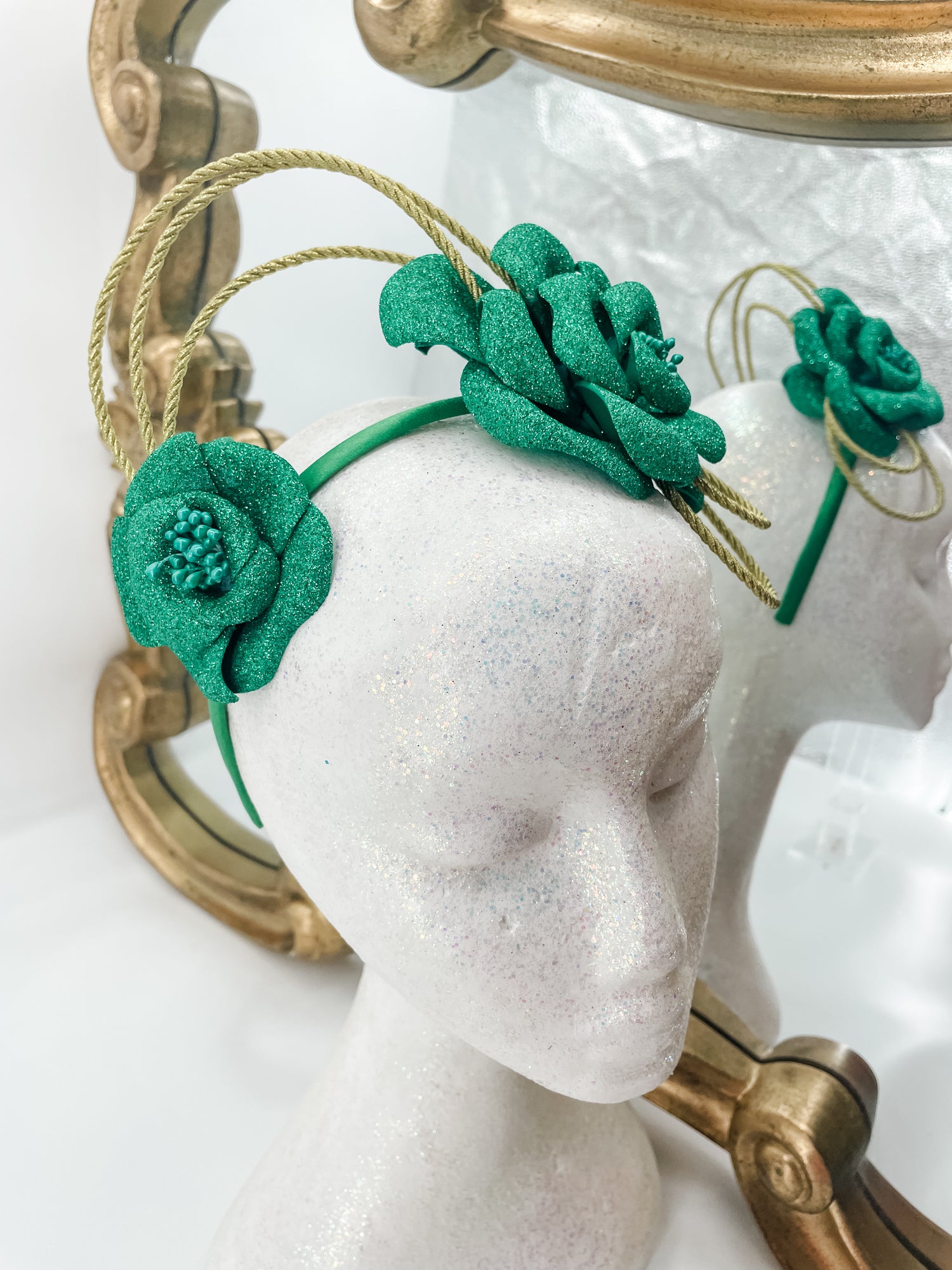 Green floral & gold loop fascinator