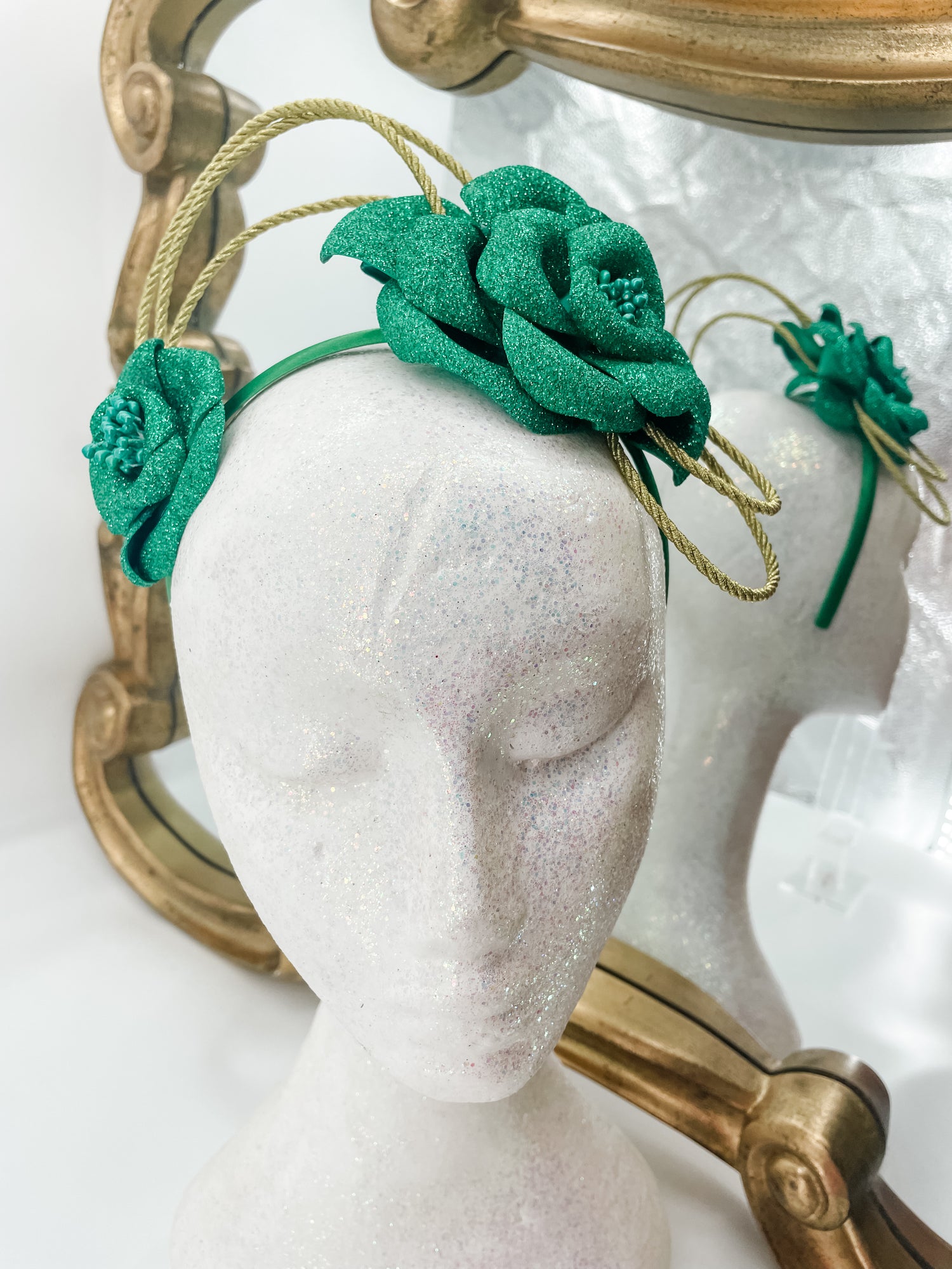 Green floral & gold loop fascinator